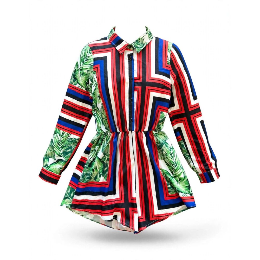 Pretty Little Thing Multi-Color Striped & Leaf Print Romper M